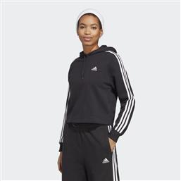 Adidas Essentials 3-Stripes Cropped Γυναικείο Φούτερ με Κουκούλα Μαύρο