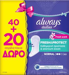 Always Dailies Fresh & Protect Normal Fresh Scent Σερβιετάκια για Κανονική Ροή 2 Σταγόνες 40τμχ & 20τμχ από το Pharm24