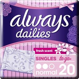 Always Dailies Singles To Go Normal Fresh Scent Σερβιετάκια για Κανονική Ροή 2 Σταγόνες 20τμχ από το ΑΒ Βασιλόπουλος