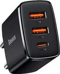 Baseus Φορτιστής Χωρίς Καλώδιο με 2 Θύρες USB-A και Θύρα USB-C 30W Power Delivery Μαύρος (Compact 2U+C) από το Public